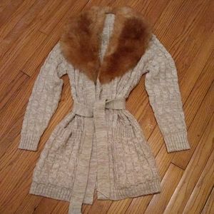 Cable Knit Cardigan With Real Fur Collar